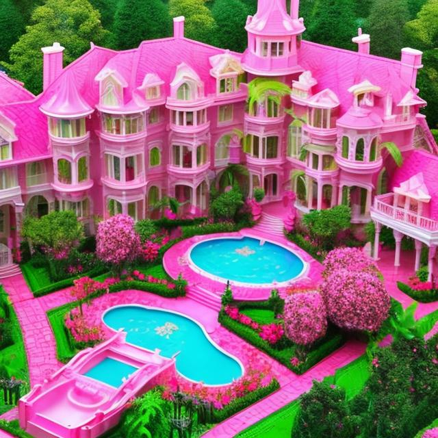 Prompt: Barbie style grand pink mansion estate with beautiful flower bushes and lots of foilage and a water fountain