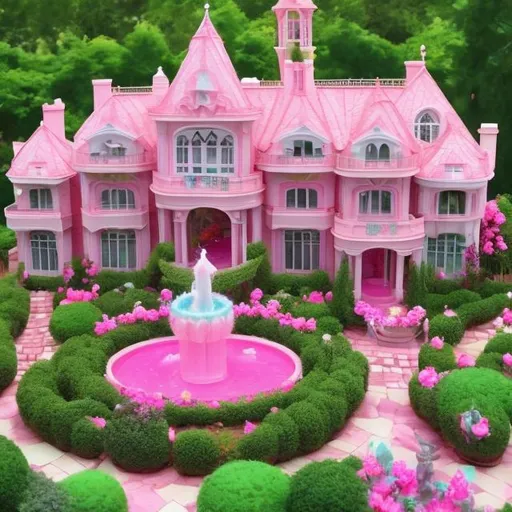 Prompt: Barbie style grand pink mansion estate with beautiful flower bushes and lots of foilage and a water fountain