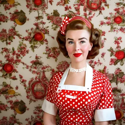 Prompt: Wes Anderson type portrait of a 1950s housewife with a huge beehive hairdo in a red dress with a white apron against a backdrop of 1950s style wallpaper
