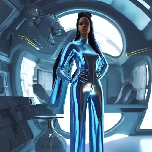 Prompt: portrait of a futuristic apocalyptic fashionable blue woman with a silver jumpsuit standing next to a spaceship