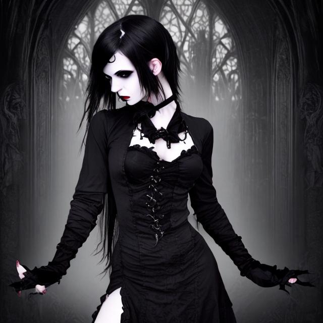 Prompt:  gothic vampiric woman  with black dress 