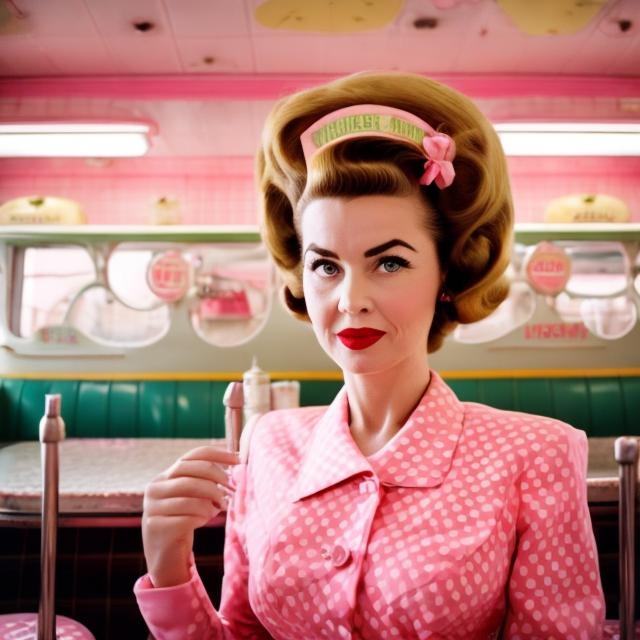 Prompt: Wes Anderson type portrait of a 1950s housewife with a huge beehive hairdo in a pink dress at a diner