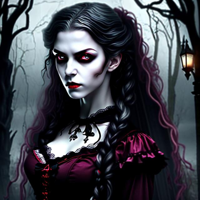 Prompt: Ultra Realistic ultra detailed and lifelike portrait of an ominous looking beautiful pale victorian gothic vampiric girl with long blond curly hair wearing a dark burgandy gothic dress and red lips  and large dark eyes full of malice against a backdrop of a foggy night in the woods with cinematic quality lighting and highly detailed features