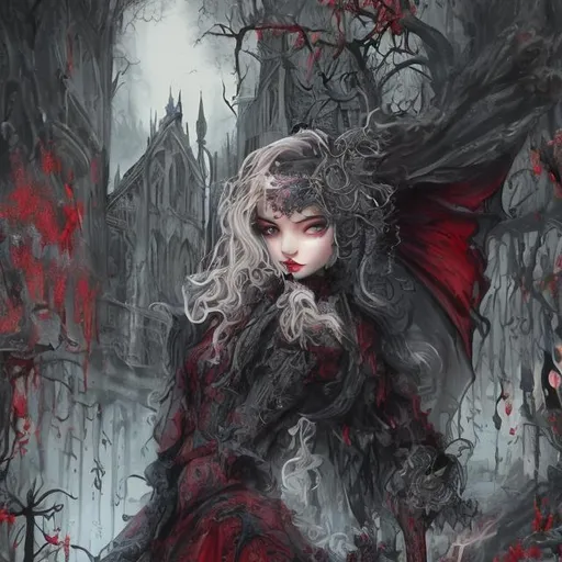 Prompt: Ultra Realistic ultra detailed and lifelike Tim Burton Inspired full length oil painting of an ominous looking beautiful pale victorian gothic vampiric girl with long blond curly hair wearing a dark burgandy gothic dress and red lips with drops of blood dribbling from her mouth and large dark eyes full of malice against a backdrop of a foggy night in the woods with cinematic quality lighting and detailed features