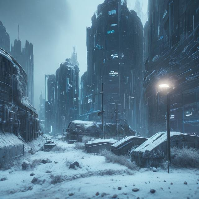 Prompt: a dark snowy futuristic  apocalyptic world 