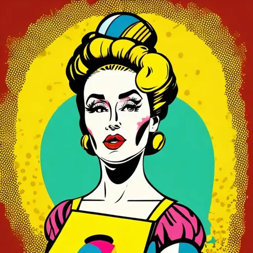 Prompt: pop art style portrait of a woman with a huge beehive hairdo holding a large birthday cake
