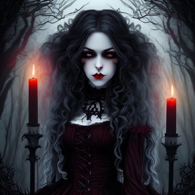 Prompt: Ultra Realistic ultra detailed and lifelike portrait of an ominous looking beautiful pale victorian gothic vampiric girl with long blond curly hair wearing a dark burgandy gothic dress and red lips  and large dark eyes full of malice against a backdrop of a foggy night in the woods with cinematic quality lighting and highly detailed features