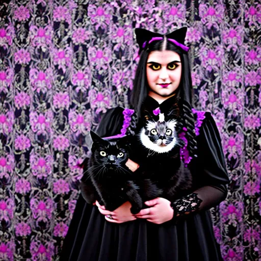 Prompt: Wes Anderson type gothic style portrait of a young girl with long black hair in braids and black gothic dress holding a cute black cat against a backdrop of flowery purple wallpaper