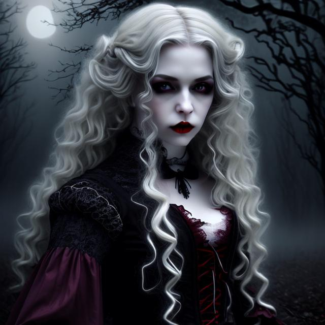 Prompt: Ultra Realistic ultra detailed and lifelike portrait of an ominous looking beautiful pale victorian gothic vampiric girl with long blond curly hair wearing a dark burgandy gothic dress and red lips  and large dark eyes full of malice against a backdrop of a foggy night in the woods with cinematic quality lighting and highly detailed features