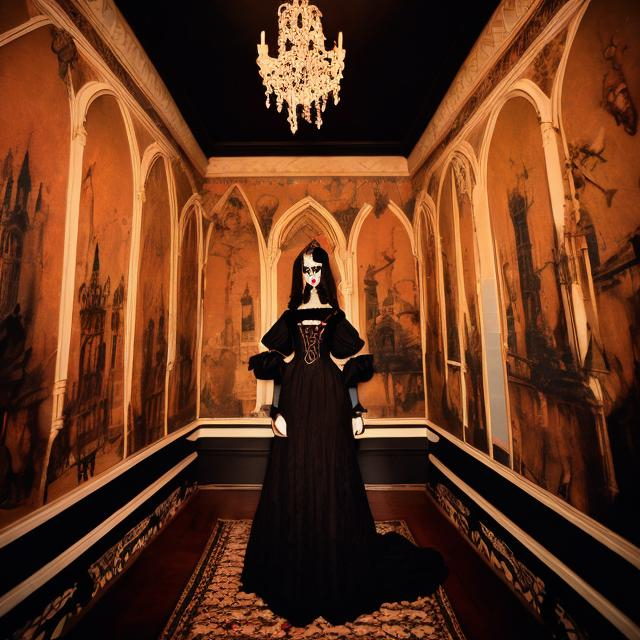 Prompt: wes anderson style gothic woman  with black dress in a dark room