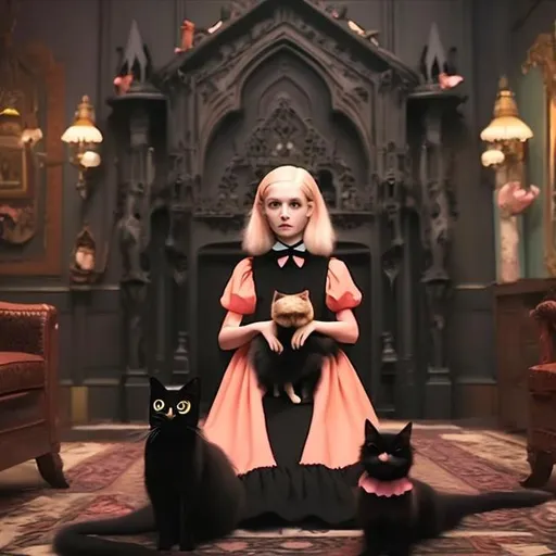 Prompt: wes anderson style gothic young girl with black dress holding a black cat in a dark room