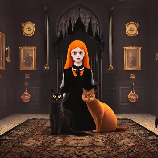 Prompt: wes anderson style gothic young girl with black dress holding a black cat in a dark room