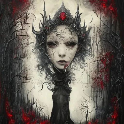 Prompt: Ultra Realistic ultra detailed and lifelike Tim Burton Inspired full length oil painting of an ominous looking beautiful pale victorian gothic vampiric girl with long blond curly hair wearing a dark burgandy gothic dress and red lips with drops of blood dribbling from her mouth and large dark eyes full of malice against a backdrop of a foggy night in the woods with cinematic quality lighting and detailed brushstrokes of all features