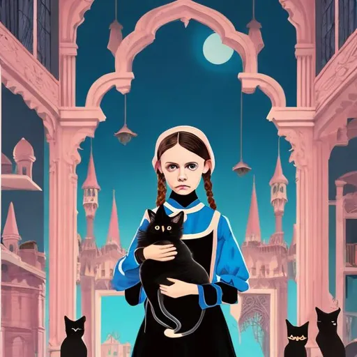 Prompt: wes anderson style gothic young girl with blue frock holding a black cat 
