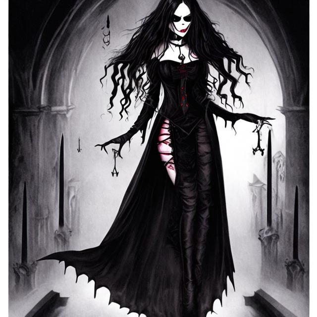 Prompt:  gothic vampiric woman  with black dress 