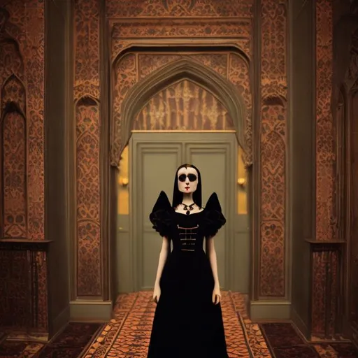 Prompt: wes anderson style gothic woman  with black dress in a dark room