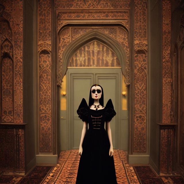 Prompt: wes anderson style gothic woman  with black dress in a dark room