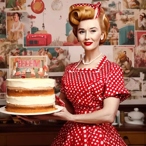 Prompt: Wes Anderson type portrait of a 1950s housewife with a huge beehive hairdo in a red dress with a white apron holding a large birthday cake 