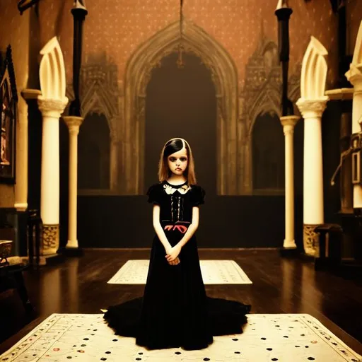 Prompt: wes anderson style gothic young girl with black dress in a dark room