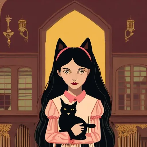 Prompt: wes anderson style gothic young girl with long black hair and dark colored frock holding a black cat 