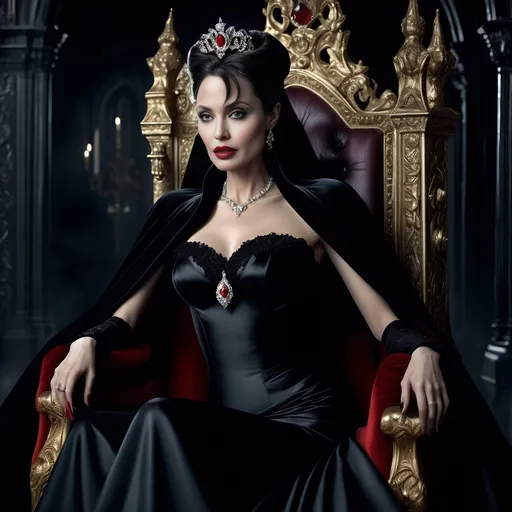 Prompt: Stunning Visuals, Incredibly Surreal, 3D, Horror Movie Style, Gorgeous, Highly Detailed, Masterpiece, Angelina Jolie as the Glamorous and Gorgeous but monstrous Female Count Dracula, wearing full royal luxurious victorian dracula dress and cape, extremely dramatic makeup, sitting on her black gothic throne in her dark castle, dreamlike atmosphere, perfect hands, real gold and diamond jewelry, 