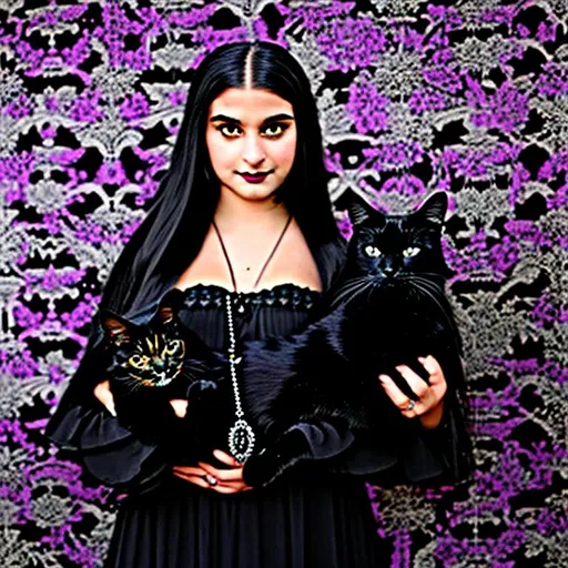 Prompt: Wes Anderson type gothic style portrait of a young girl with long black hair in braids and black gothic dress holding a cute black cat against a backdrop of flowery purple wallpaper