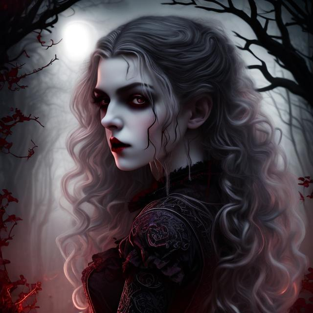 Prompt: Ultra Realistic ultra detailed and lifelike portrait of an ominous looking beautiful pale victorian gothic vampiric girl with long blond curly hair wearing a dark burgandy gothic dress and red lips  and large dark eyes full of malice against a backdrop of a foggy night in the woods with cinematic quality lighting and highly detailed features