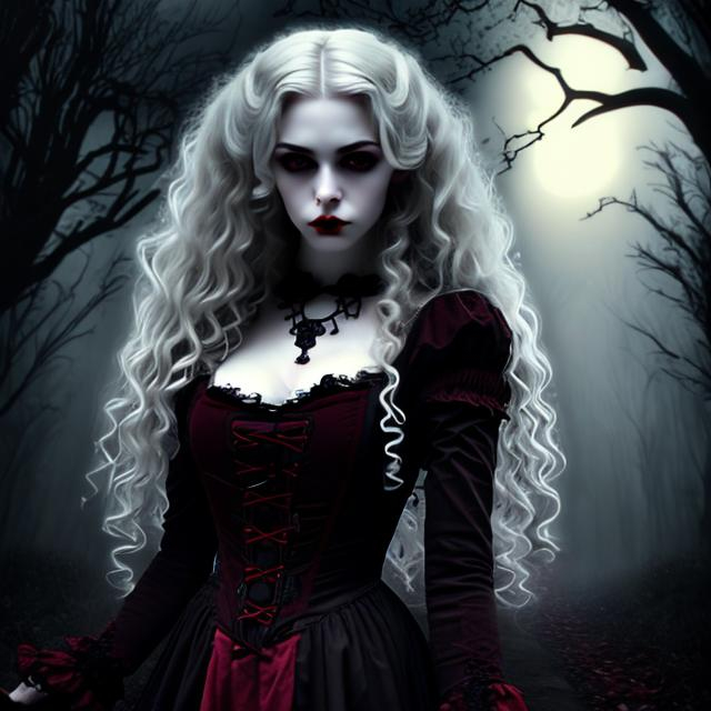 Prompt: Ultra Realistic ultra detailed and lifelike portrait of an ominous looking beautiful pale victorian gothic vampiric girl with long blond curly hair wearing a dark burgandy gothic dress and red lips  and large dark eyes full of malice against a backdrop of a foggy night in the woods with cinematic quality lighting and highly detailed features