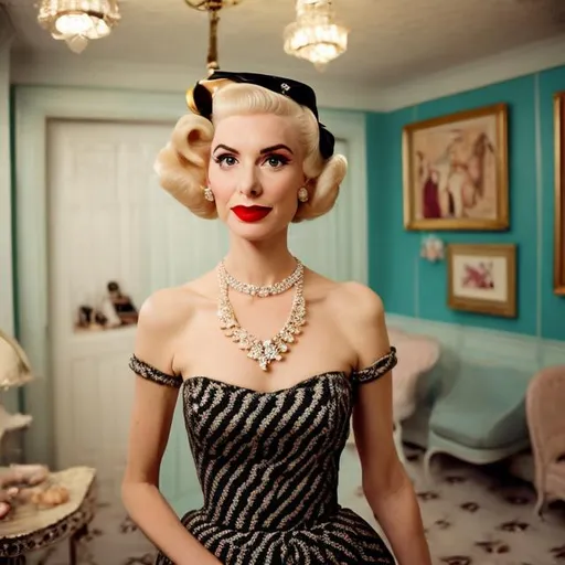 Prompt: Wes Anderson Style 1950s housewife with full makeup, wearing a black evening dress and a diamond necklace with curlers in her blond hair 