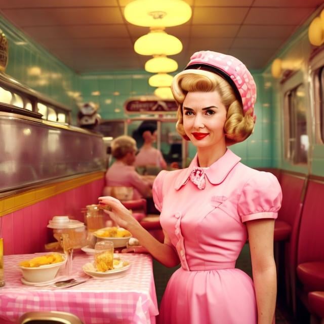 Prompt: Wes Anderson type portrait of a 1950s housewife with a huge beehive hairdo in a pink dress at a diner