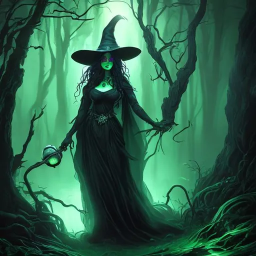 Prompt: ultra realistic beautiful green witch woman with a curvaceous figure and black hair wearing a black cape and witches hat stands near a bubbling cauldron in a dark wooded area on a foggy night