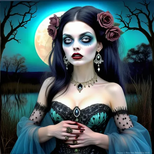 Prompt: Masterpiece Quality Surreal Horror, 3D, Nightmarish Boldly Colored Artwork Depiction of a lovely cajun witch woman  in the dark bayou as it grows over her, exceptional detail, detailed facial expression, horrifying realistic large highly detailed glowing dark green eyes, long dark auburn hair, dark, dark, creepy, creepy, sheer white night gown, dead black, purple, and teal roses, extremely detailed trees, perfect hands, painted nails, real jewelry, emerging from the swamp water, dark green and blue gradient background, small golden dots of light, perfectly composed and centered artworks,