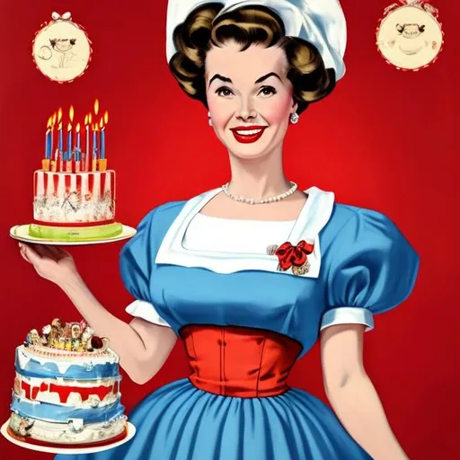 Prompt: realism portrait of a 1950s housewife with a huge beehive hairdo in a red dress with a white apron holding a large birthday cake with candles on it  against a blue backdrop