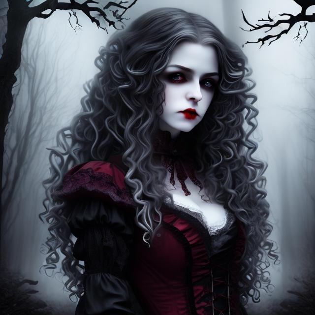 Prompt: Ultra Realistic ultra detailed and lifelike portrait of an ominous looking beautiful pale victorian gothic vampiric girl with long blond curly hair wearing a dark burgandy gothic dress and red lips  and large dark eyes full of malice against a backdrop of a foggy night in the woods with cinematic quality lighting and highly detailed features