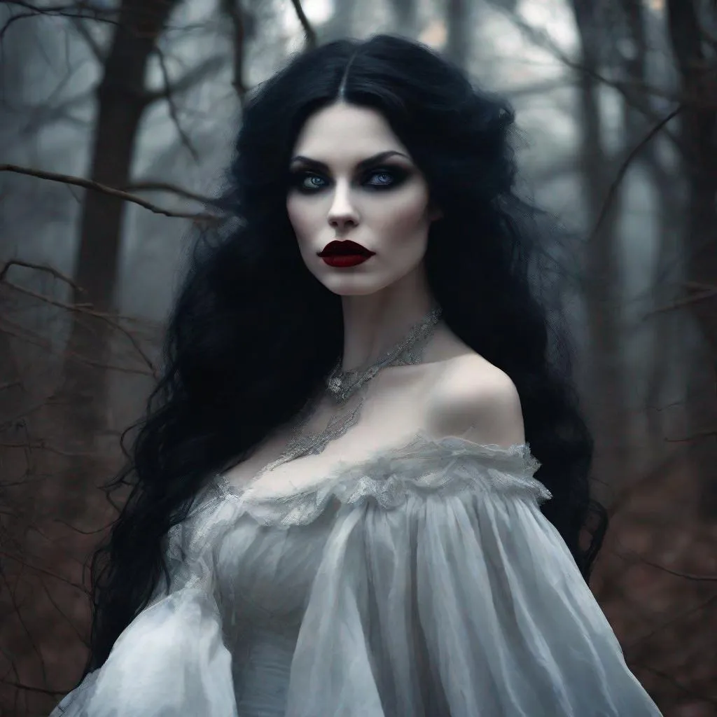 Prompt: ultra beautiful realistic and lifelike gothic vampiric woman with red lips, long black hair and blue eyes wearing a white flowing victorian style gown and a very curvaceous figure stands in a dark wooded area