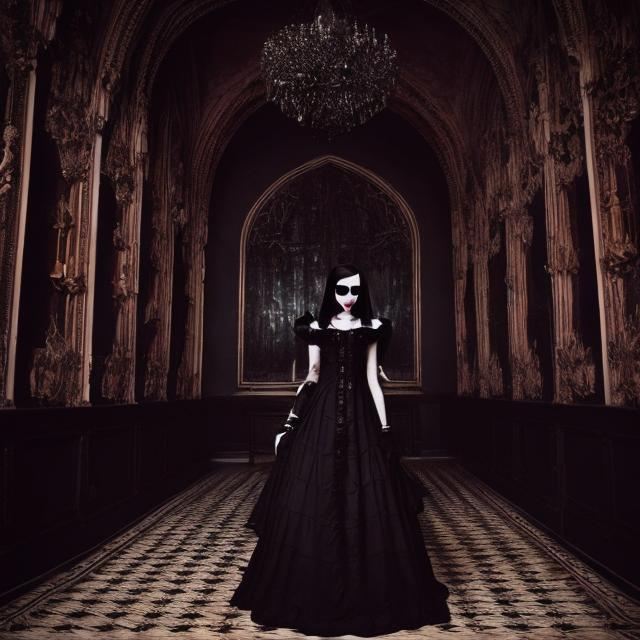 Prompt: wes anderson style gothic vampiric woman  with black dress 