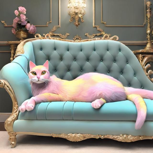 Prompt: Photo of a 3d style realistic multi pastel colored cat wearing a light blue silk evening dress and pearls around its neck sitting on a velvet chaise lounge