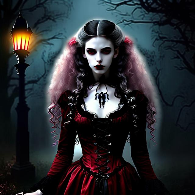 Prompt: Ultra Realistic ultra detailed and lifelike portrait of an ominous looking beautiful pale victorian gothic vampiric girl with long blond curly hair wearing a dark burgandy gothic dress and red lips  and large dark eyes full of malice against a backdrop of a foggy night in the woods with cinematic quality lighting and highly detailed features