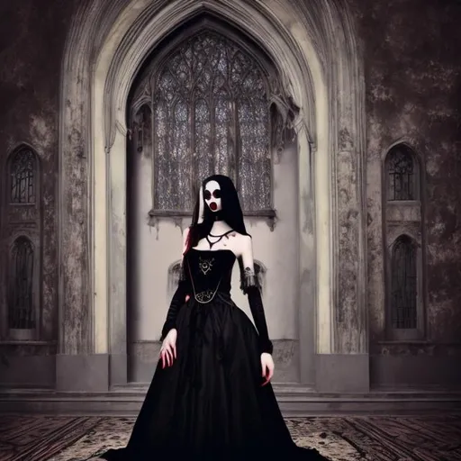 Prompt: wes anderson style gothic vampiric woman  with black dress 