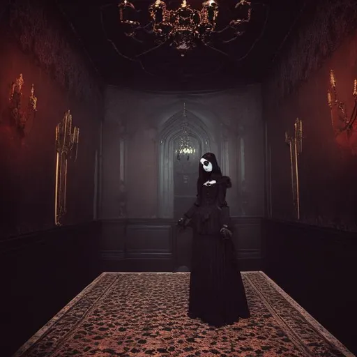 Prompt: wes anderson style gothic vampiric woman  with black dress in a dark room