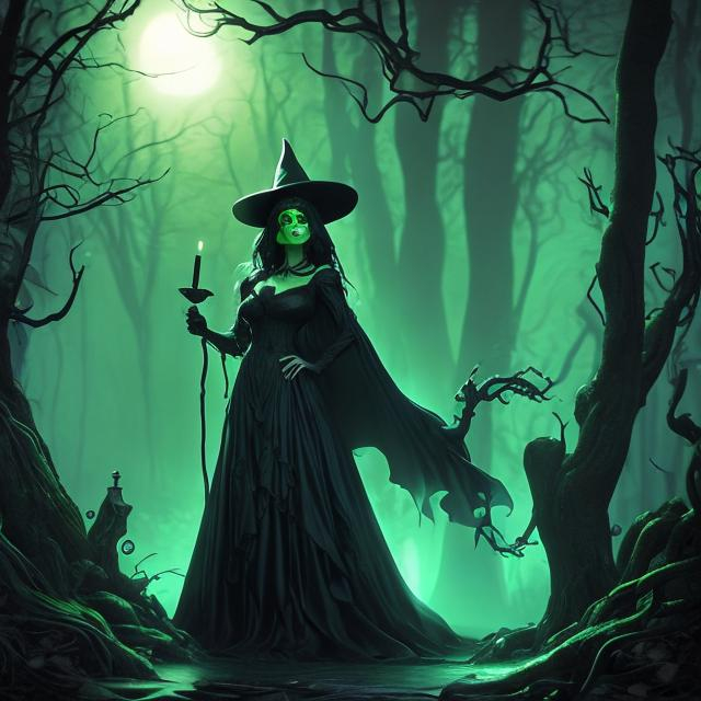 Prompt: ultra realistic beautiful green witch woman with a curvaceous figure and black hair wearing a black cape and witches hat stands near a bubbling cauldron in a dark wooded area on a foggy night