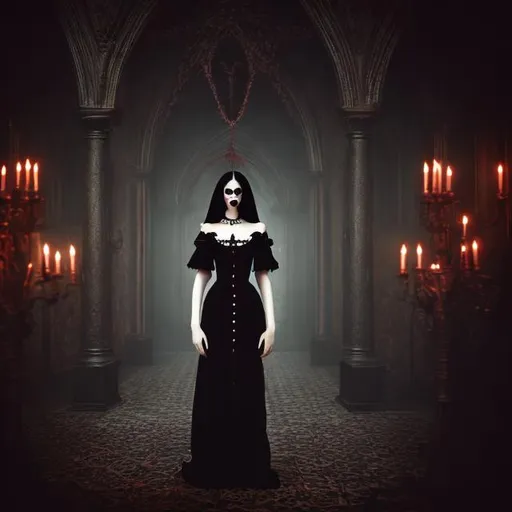 Prompt: wes anderson style gothic vampiric woman  with black dress in a dark room