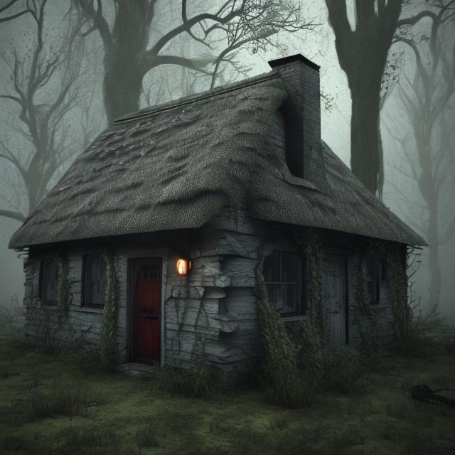 Prompt: ultra realistic dark abandoned small witches cottage in the swamp on a foggy night 