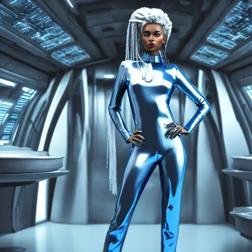 Prompt: portrait of a futuristic apocalyptic fashionable blue woman with a silver jumpsuit standing next to a spaceship