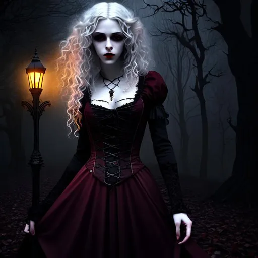 Prompt: Ultra Realistic ultra detailed and lifelike portrait of an ominous looking beautiful pale victorian gothic vampiric girl with long blond curly hair wearing a dark burgandy gothic dress and red lips  and large dark eyes full of malice against a backdrop of a foggy night in the woods with cinematic quality lighting and highly detailed features