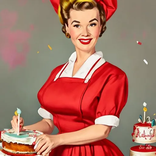 Prompt: realistic portrait of a 1950s housewife with a huge beehive hairdo in a red dress with a white apron holding a large birthday cake 
