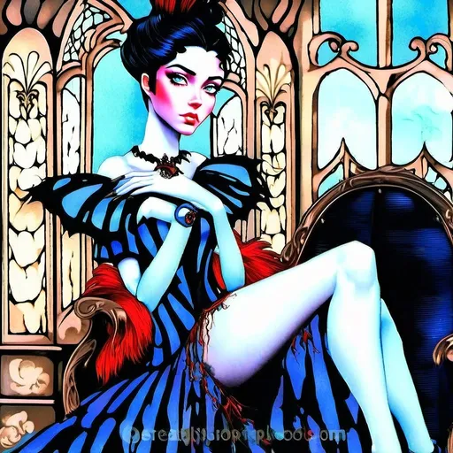 Prompt:  Tim Burton Style Gothic Horror Character Masterpiece Quality Artwork, Exceptional Detail, High def, high res, Dark and Edgy, Vampirism, Mesmerizing Gaze, Bold and Vivid Colors, Masterpiece Composition, Ultra Realistic 3D render, Gorgeous Beautiful Ethereal Blonde Vampiric Gothic Princess Very thin woman with very large lovely highly detailed highly realistic expressive mesmerizing deep blue eyes with thick and long black eyelashes, delicate pretty features, highly detailed and lovely facial features, lovely porcelain like peaches and cream complexion, expert bold makeup details, dramatic highlights and shading, wearing a gorgeous purple royal colored gothic evening gown, with perfect hands, painted nails, real gothic style ornate jewelry, sitting in a chair in a next to a window in a gothic style room, highly surreal scene, horror, danger, vampirism, dark, shadows, boldly colored, highly detailed, whimsical, gothic elements, perfect hands, 