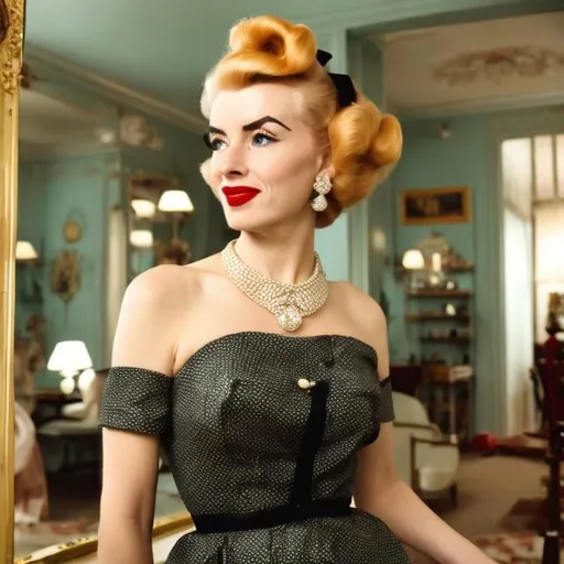 Prompt: Wes Anderson Style 1950s housewife with full makeup, wearing a black evening dress and a diamond necklace with curlers in her blond hair 