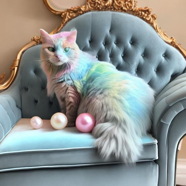 Prompt: Photo of a 3d style realistic multi pastel colored cat wearing a light blue silk evening dress and pearls around its neck sitting on a velvet chaise lounge