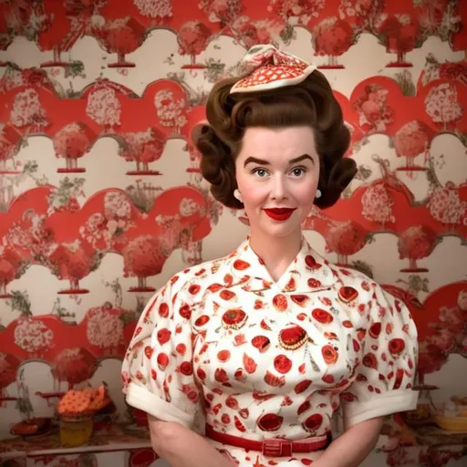 Prompt: Wes Anderson type portrait of a 1950s housewife with a huge beehive hairdo in a red dress with a white apron against a backdrop of 1950s style wallpaper